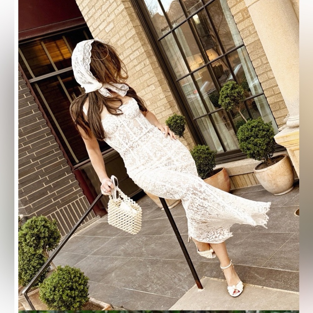 Helsa Lace Column Dress Sheer Bustier Maxi White
